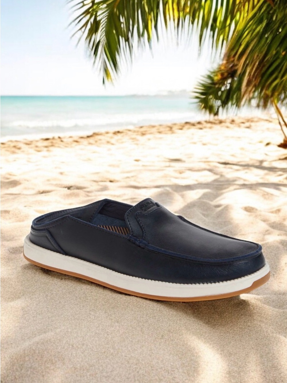 OluKai Kākaha Nia Men’s Navy Blue Leather Slip-On Shoes - Picture 8 of 16